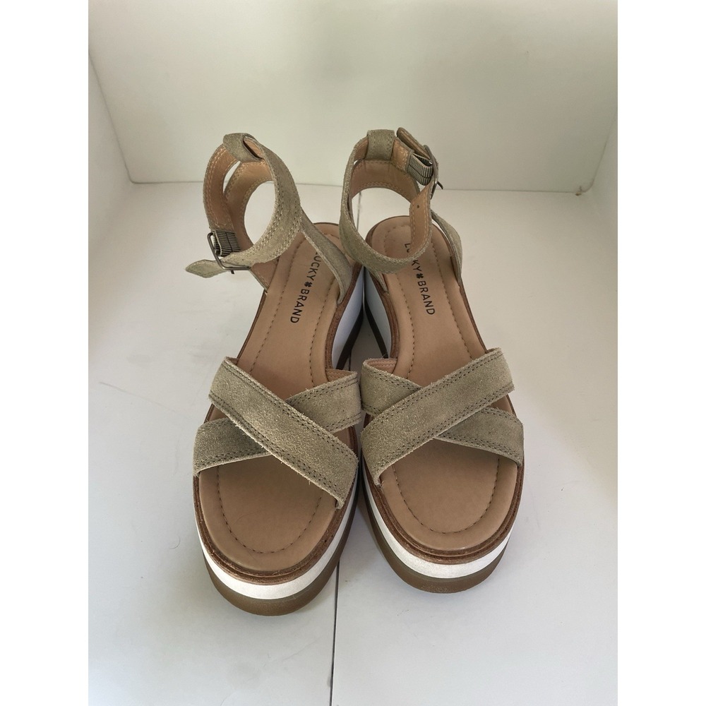 Lucky Brand Suede Wedge Platform Sandal Size‎ 8.5 Tarhi Olive Green Brown Whit